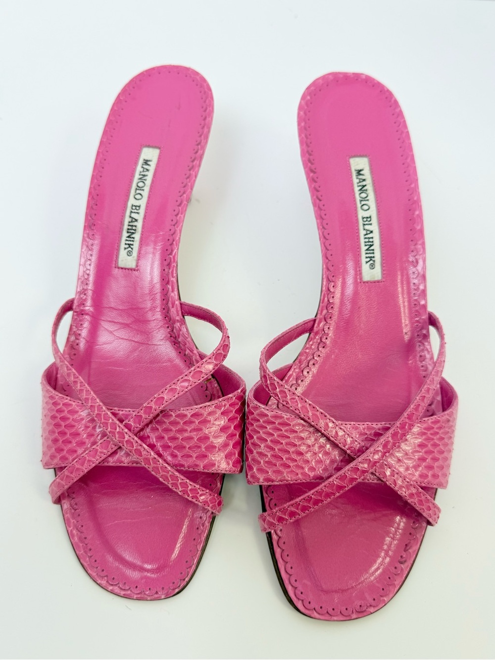 Vintage Manolo Blahnik Pink Python Snakeskin Strappy Mules Kitten Heels EU 42 - Picture 2 of 11